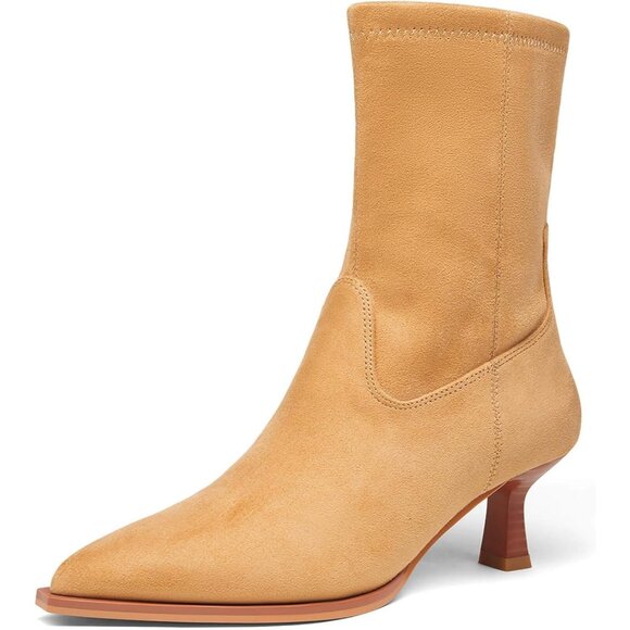 Women's Camel Suede Pointed Toe Ankle Boots Stacked Kitten Low Heel Side Zipper - Picture 1 of 6